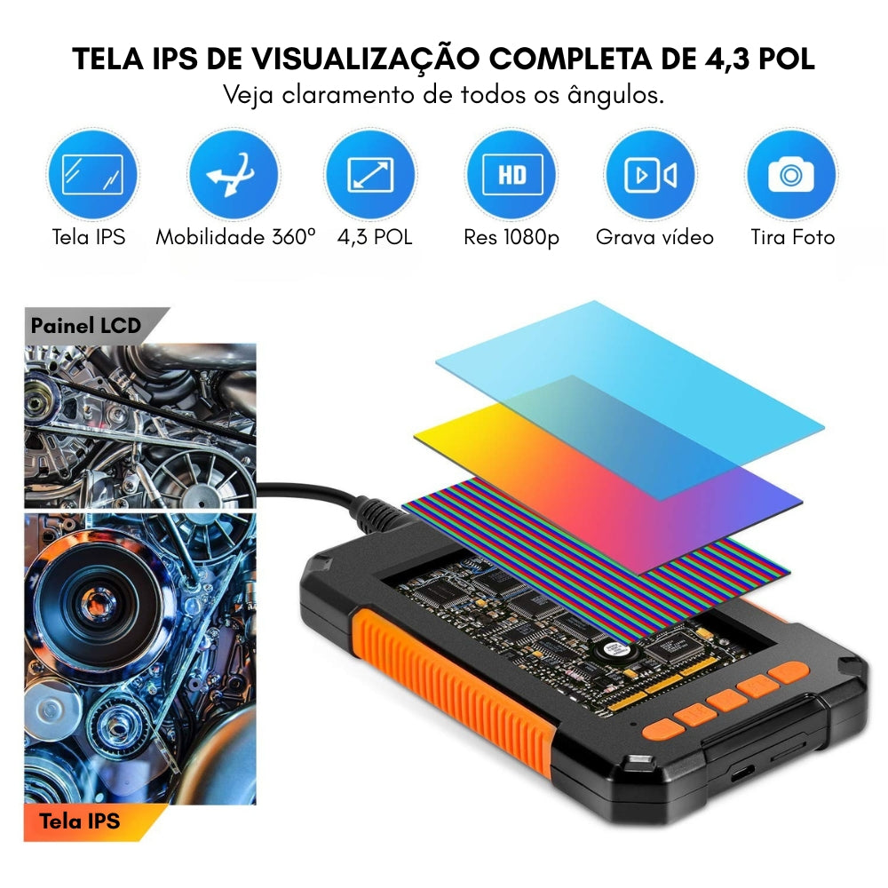 Câmera Endoscópica com Tela 4.3 1080p Led
