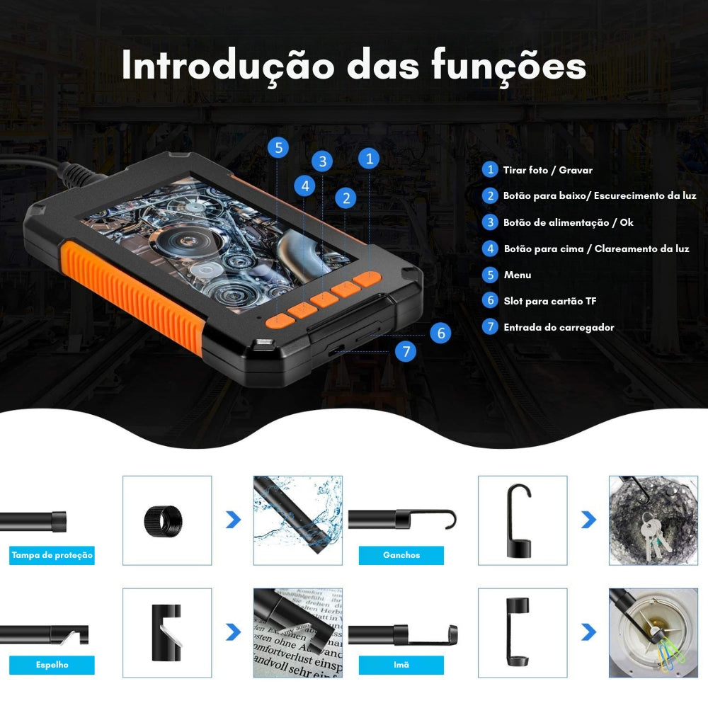 Câmera Endoscópica com Tela 4.3 1080p Led