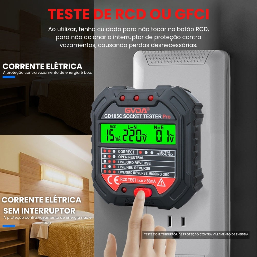 Verificador de Tensão Elétrica Testador de Tomada Com Display 90-250v GVDA