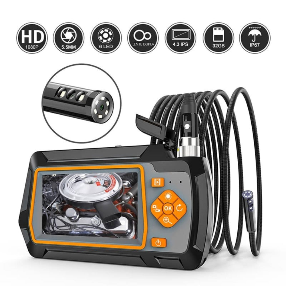 Boroscópio Industrial com Tela LCD 4.3" IPS 2.0MP 1080P HD Lente com LED 32GB TF