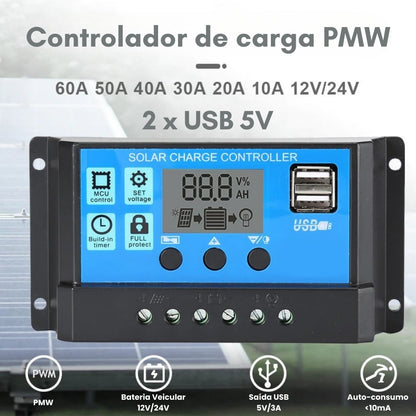Controlador de Carga Solar LCD PWM 10-60A 12V 24V
