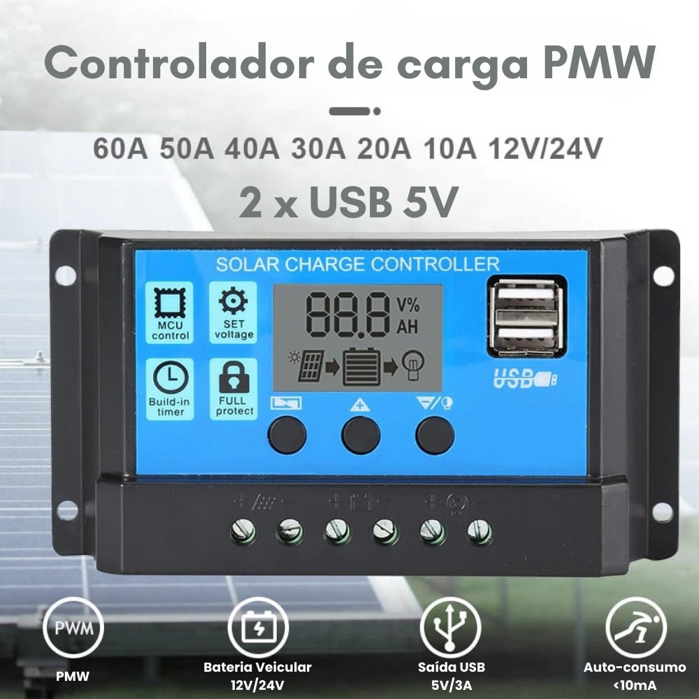 Controlador de Carga Solar LCD PWM 10-60A 12V 24V